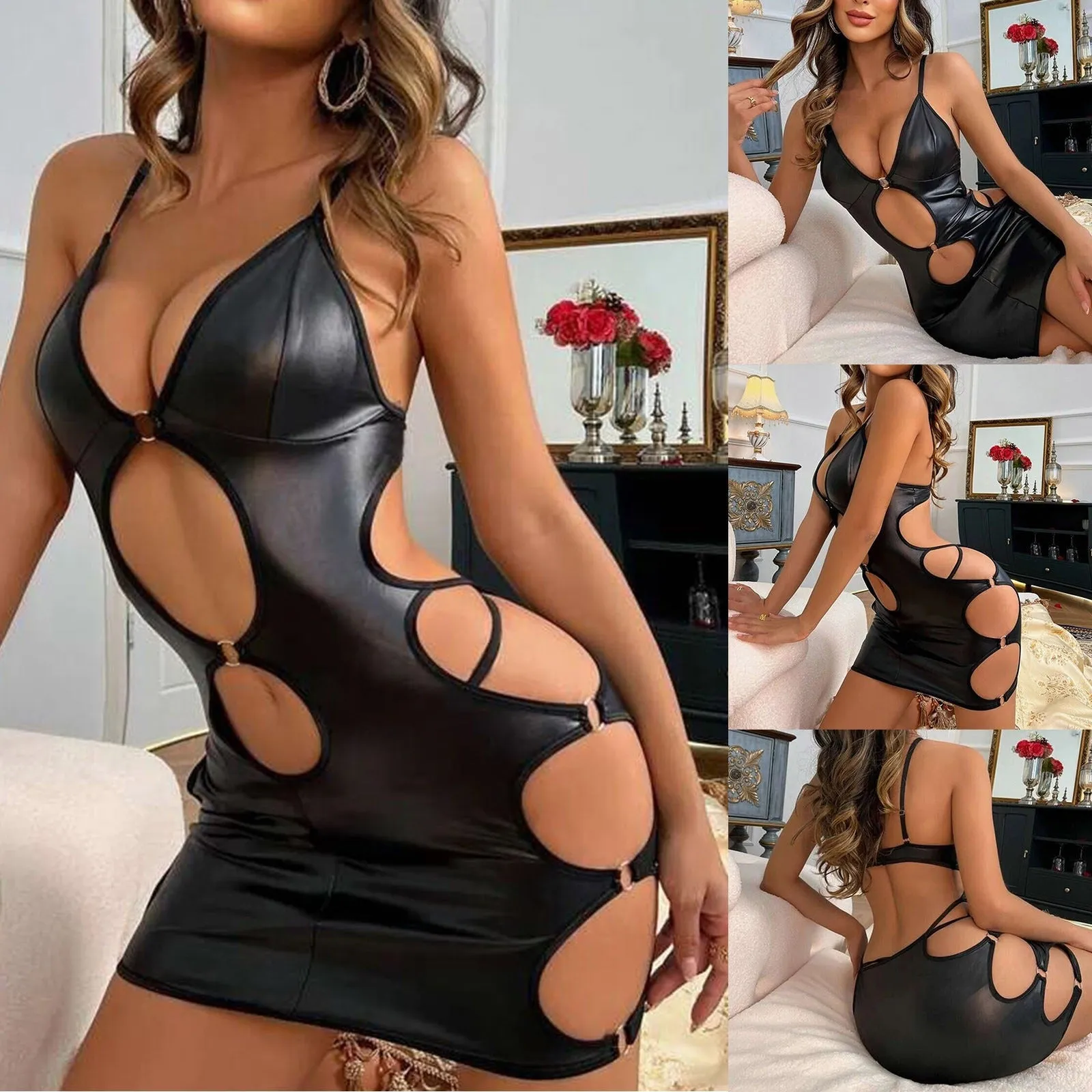Risky Business Cut-Out PU Leather Lingerie