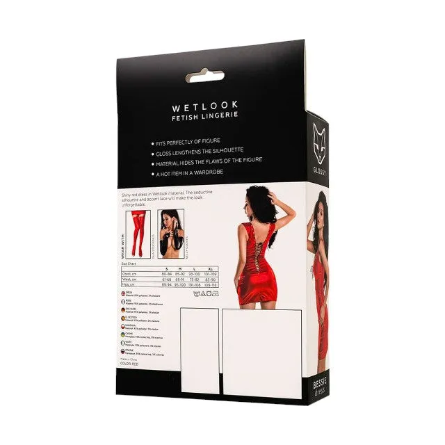 Rochie sexy GLOSSY Wetlook BESSIE. design cu corset frontal și capse. din material lucios. culoare roșu. mărime M (955051-M)