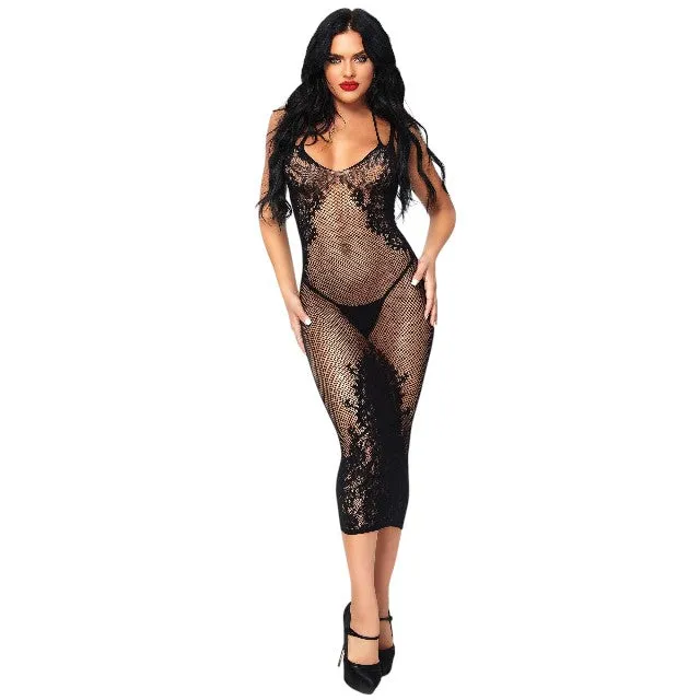 Rochie sexy LEG AVENUE Sexy Seamless Net and Lace Black Dress. lenjerie erotică din plasă și dantelă. negru. mărime universală. model 86064