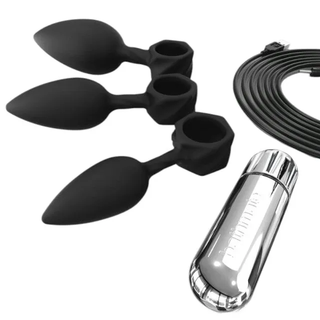 Set plug anal BATHMATE Anal Training Plugs Vibe. 3 dopuri anale   vibrator bullet cu 10 funcții de vibrație. negru cu argintiu