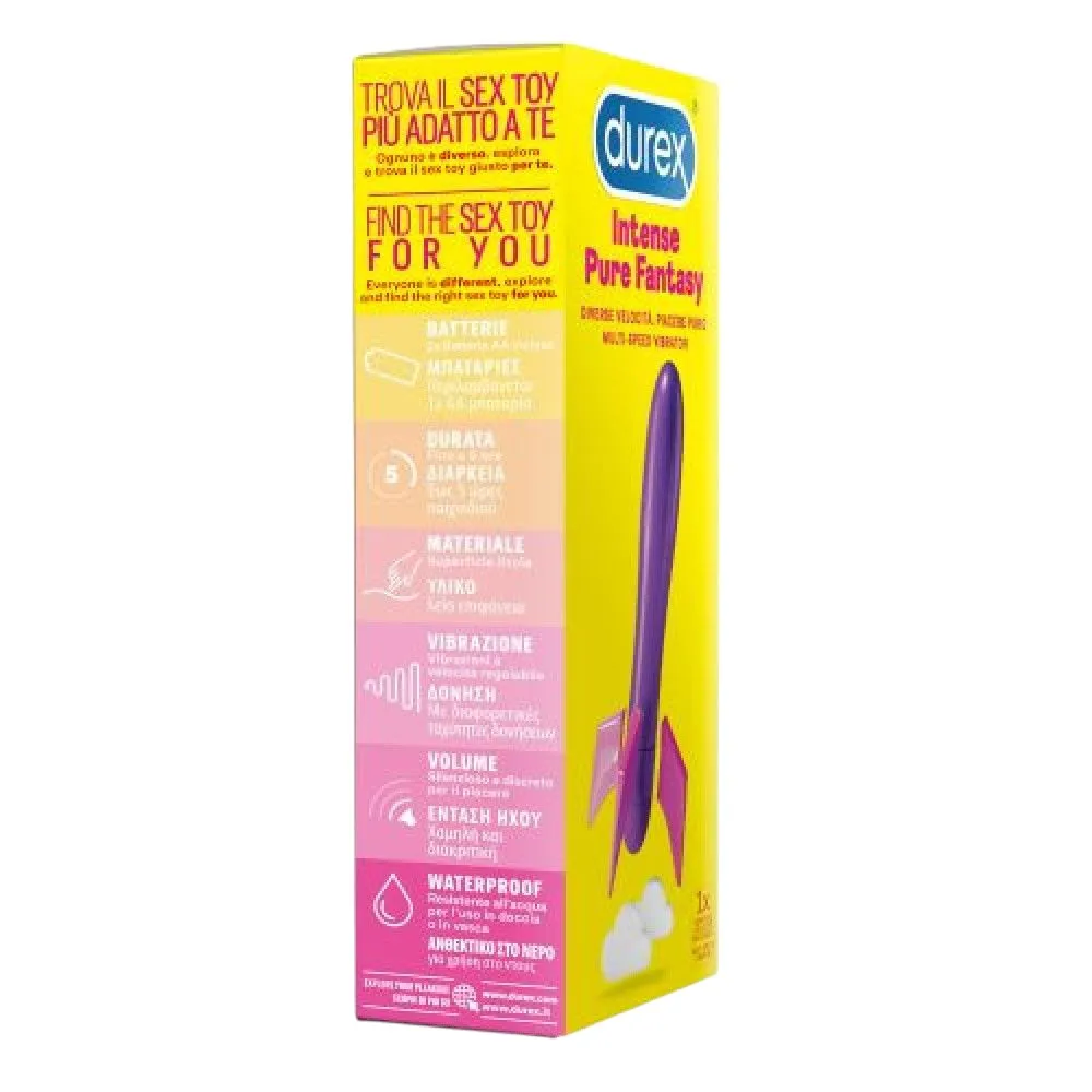 Stimulator clitoris DUREX Intense Pure Fantasy. cu vibrații multiple. rezistent la apă. lungime 15 cm. alb cu mov