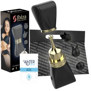 Stimulator clitoris IBIZA Clitorial Stimulator. în formă de fundă. cu 3 huse interschimbabile. 10 funcții de vibrație. negru cu auriu