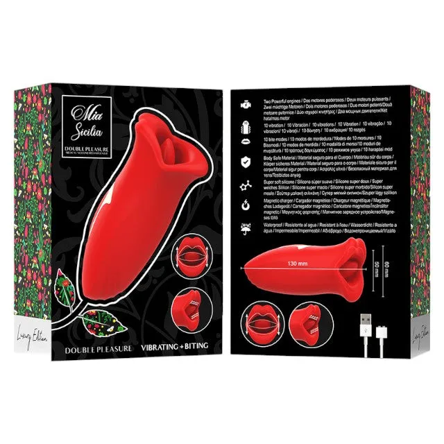 Stimulator clitoris MIA SICILIA Double Pleasure. cu funcție de vibrație și mușcătură. în formă de trandafir. roșu