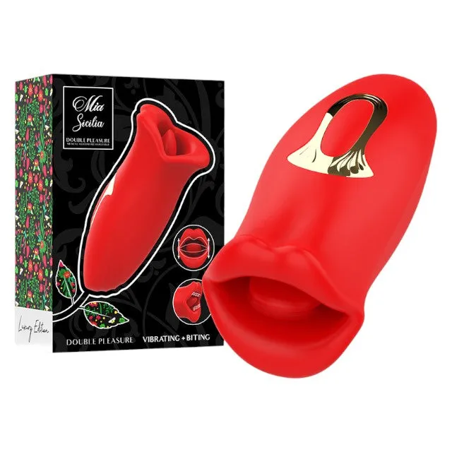 Stimulator clitoris MIA SICILIA Double Pleasure. cu funcție de vibrație și mușcătură. în formă de trandafir. roșu