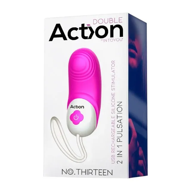 Stimulator DOUBLE ACTION No. Thirteen. pentru clitoris și punctul G. 10 funcții de pulsație. 10 funcții de vibrație. roz cu alb