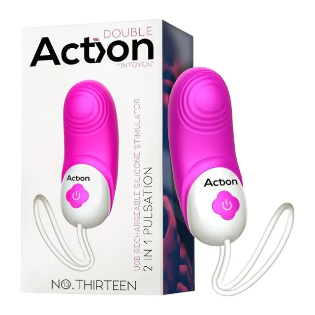 Stimulator DOUBLE ACTION No. Thirteen. pentru clitoris și punctul G. 10 funcții de pulsație. 10 funcții de vibrație. roz cu alb