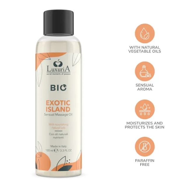 Ulei de masaj LUXURIA Bio Exotic Island. cu uleiuri naturale. fără parabeni. aromă fructată și dulce. 100 ml (portocaliu)