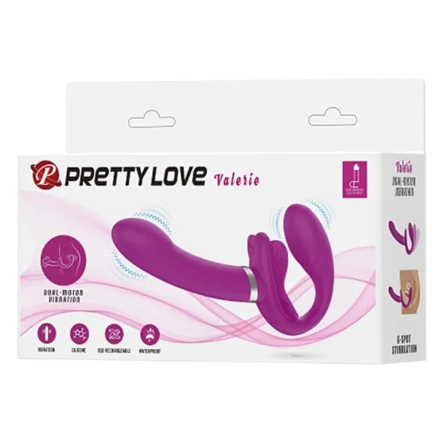 Vibrator dublu PRETTY LOVE VALERIE. strap-on fără ham. 12 funcții de vibrație. culoare roz. lungime 19.2 cm