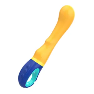 Vibrator INTENSE SHAGGY. design curbat pentru stimularea punctului G. rezistent la apă. lungime inserabilă 12.7 cm. galben cu albastru