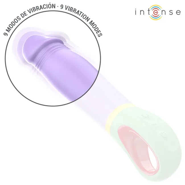 Vibrator INTENSE VELMA. din silicon de înaltă calitate. 9 funcții de vibrație. rezistent la apă IPX7. lungime inserabilă 12.6 cm. mov cu verde
