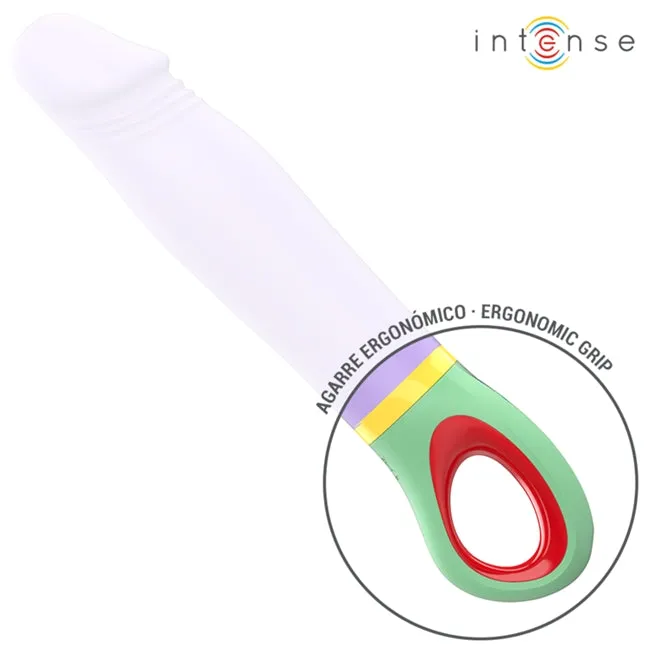 Vibrator INTENSE VELMA. din silicon de înaltă calitate. 9 funcții de vibrație. rezistent la apă IPX7. lungime inserabilă 12.6 cm. mov cu verde