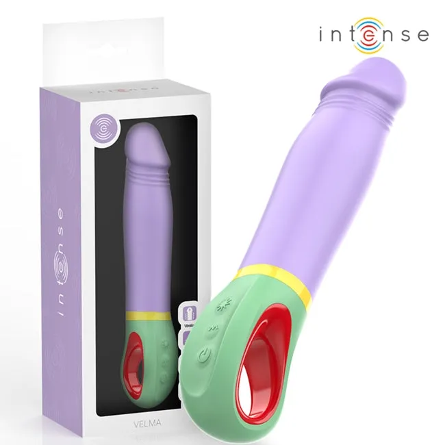Vibrator INTENSE VELMA. din silicon de înaltă calitate. 9 funcții de vibrație. rezistent la apă IPX7. lungime inserabilă 12.6 cm. mov cu verde