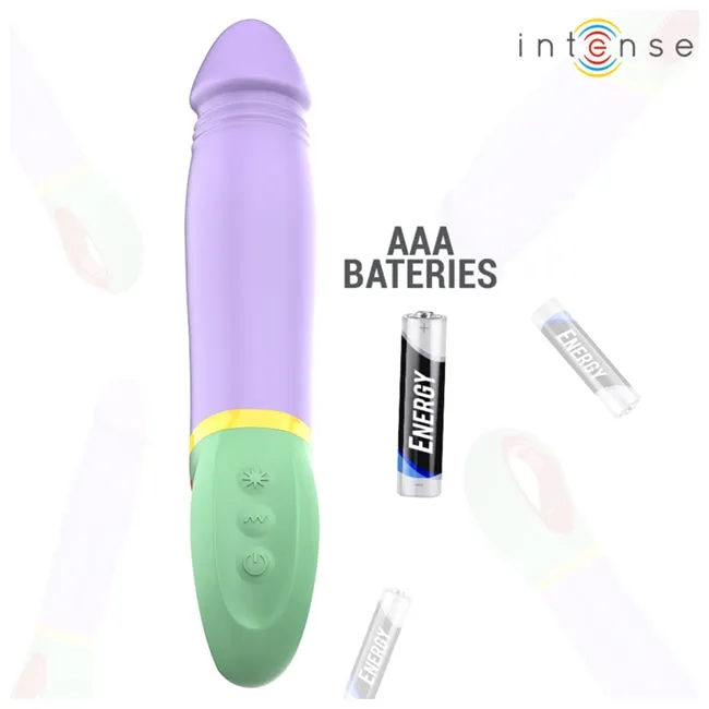 Vibrator INTENSE VELMA. din silicon de înaltă calitate. 9 funcții de vibrație. rezistent la apă IPX7. lungime inserabilă 12.6 cm. mov cu verde