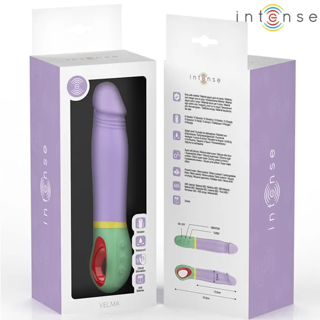 Vibrator INTENSE VELMA. din silicon de înaltă calitate. 9 funcții de vibrație. rezistent la apă IPX7. lungime inserabilă 12.6 cm. mov cu verde