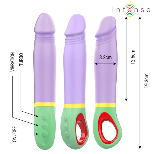 Vibrator INTENSE VELMA. din silicon de înaltă calitate. 9 funcții de vibrație. rezistent la apă IPX7. lungime inserabilă 12.6 cm. mov cu verde