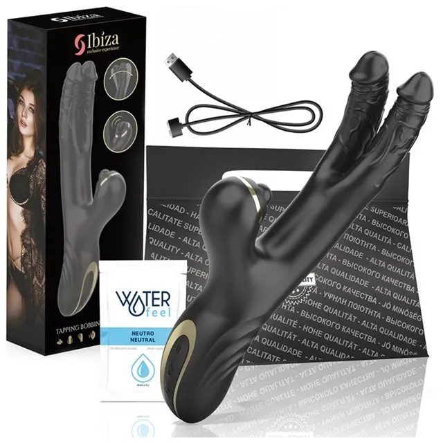 Vibrator rabbit dublu IBIZA Two Dragons. din silicon hipoalergenic. 10 funcții de vibrație. 10 funcții de tapping. negru