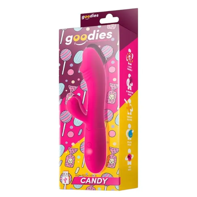 Vibrator rabbit GOODIES Sweetie Pleasures CANDY. cu stimulator dublu. din silicon premium. 10 funcții de vibrație. roz fuchsia